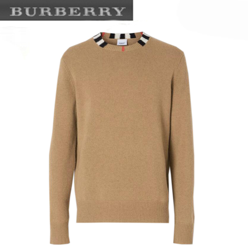 BURBERRY-80092271 버버리 카멜 아이콘 스트라이프 트리밍 캐시미어 스웨터