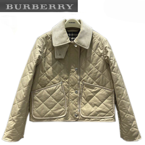 BURBERRY-80565751 버버리 베이지 코듀로이 칼라 다이아몬드 퀼팅 크롭 반 재킷 여성용
