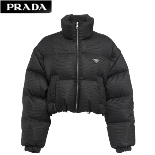 PRADA-29Y056 프라다 블랙 리나일론 크롭 후디드 다운 재킷 여성용