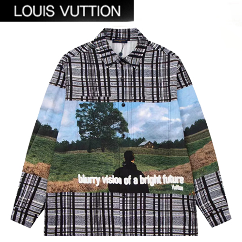 LOUIS VUITTON-08151 루이비통 그레이 프린트 장식 체크 무늬 셔츠 남여공용