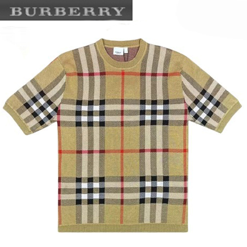 BURBERRY-06194 버버리 베이지 체크 무늬 니트 티셔츠 남성용