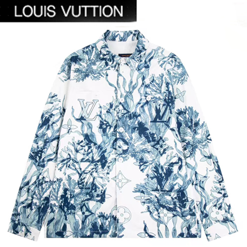 LOUIS VUITTON-08154 루이비통 화이트/블루 모노그램 프린트 장식 셔츠 남여공용