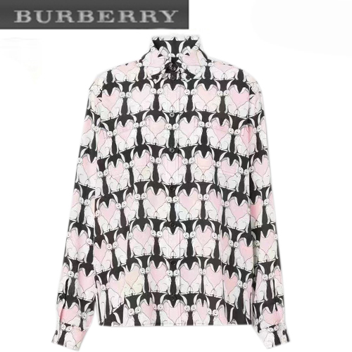 BURBERRY-80642521 버버리 라이트 핑크 래빗 프린트 실크 셔츠 여성용