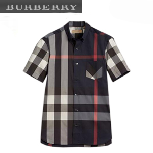[스페셜오더]BURBERRY-40458371 버버리 쇼트 슬리브 체크 스트레치 네이비 코튼 블렌드 셔츠