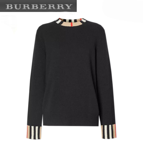 BURBERRY-80089391 버버리 블랙 아이콘 스트라이프 트리밍 캐시미어 스웨터