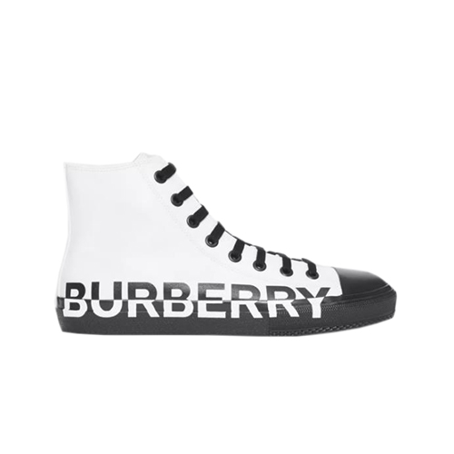 BURBERRY-80163021 버버리 화이트/블랙 로고 프린트 송아지 가죽 개버딘 하이톱 스니커즈
