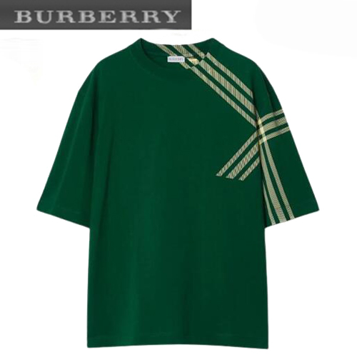 BURBERRY-80820521 버버리 그린 체크 슬리브 코튼 티셔츠 남성용