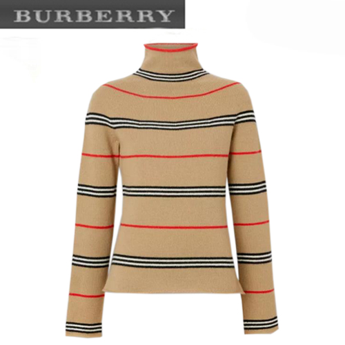 BURBERRY-180191931 버버리 베이지 아이콘 스트라이프 캐시미어 터틀넥 스웨터