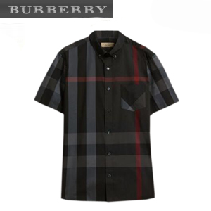 [스페셜오더]BURBERRY-40458371 버버리 쇼트 슬리브 체크 스트레치 차콜 코튼 블렌드 셔츠