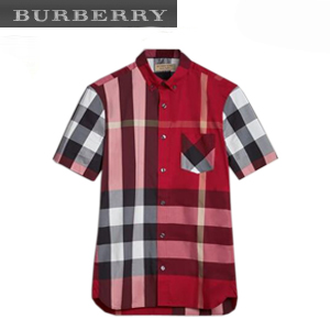 [스페셜오더]BURBERRY-40458371 버버리 쇼트 슬리브 체크 스트레치 레드 코튼 블렌드 셔츠
