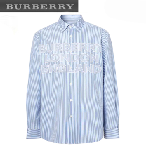 BURBERRY-80391091 버버리 블루 로고 아플리케 스트라이프 포플린 셔츠