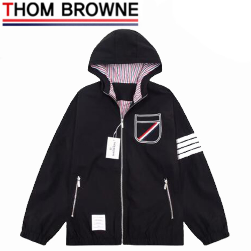 THOM BROWNE-08291 톰 브라운 블랙 스트라이프 장식 바람막이 후드 재킷 남성용