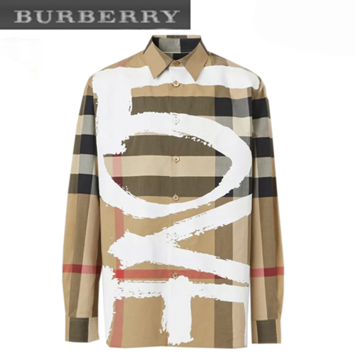 BURBERRY-09016 버버리 베이지 LOVE 프린트 장식 체크 무늬 셔츠 남여공용