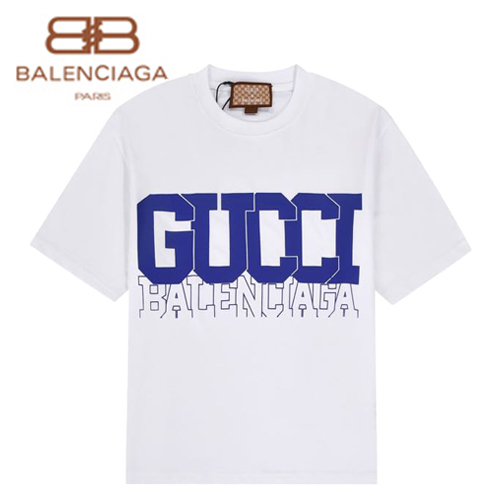 GUCC*-03089 구찌 화이트/블루 구찌 X 발렌시아가 콜라보 프린트 장식 티셔츠 남여공용