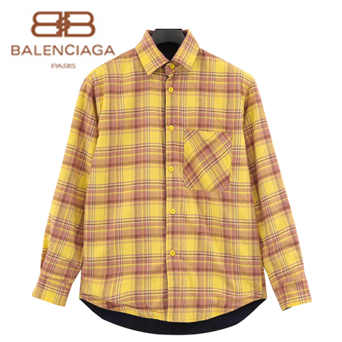 BALENCIAGA-05221 발렌시아가 옐로우/네이비 체크 무늬 양면 셔츠 남여공용