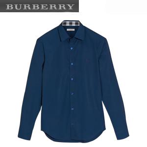 BURBERRY-40247901 버버리 딥 틸 블루 체크 디테일 스트레치 코튼 포플린 셔츠 남성용